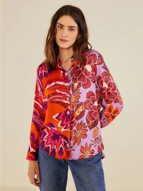 Farm Rio Mixed Print Floral Button Front Blouse Size L Boho Statement Top